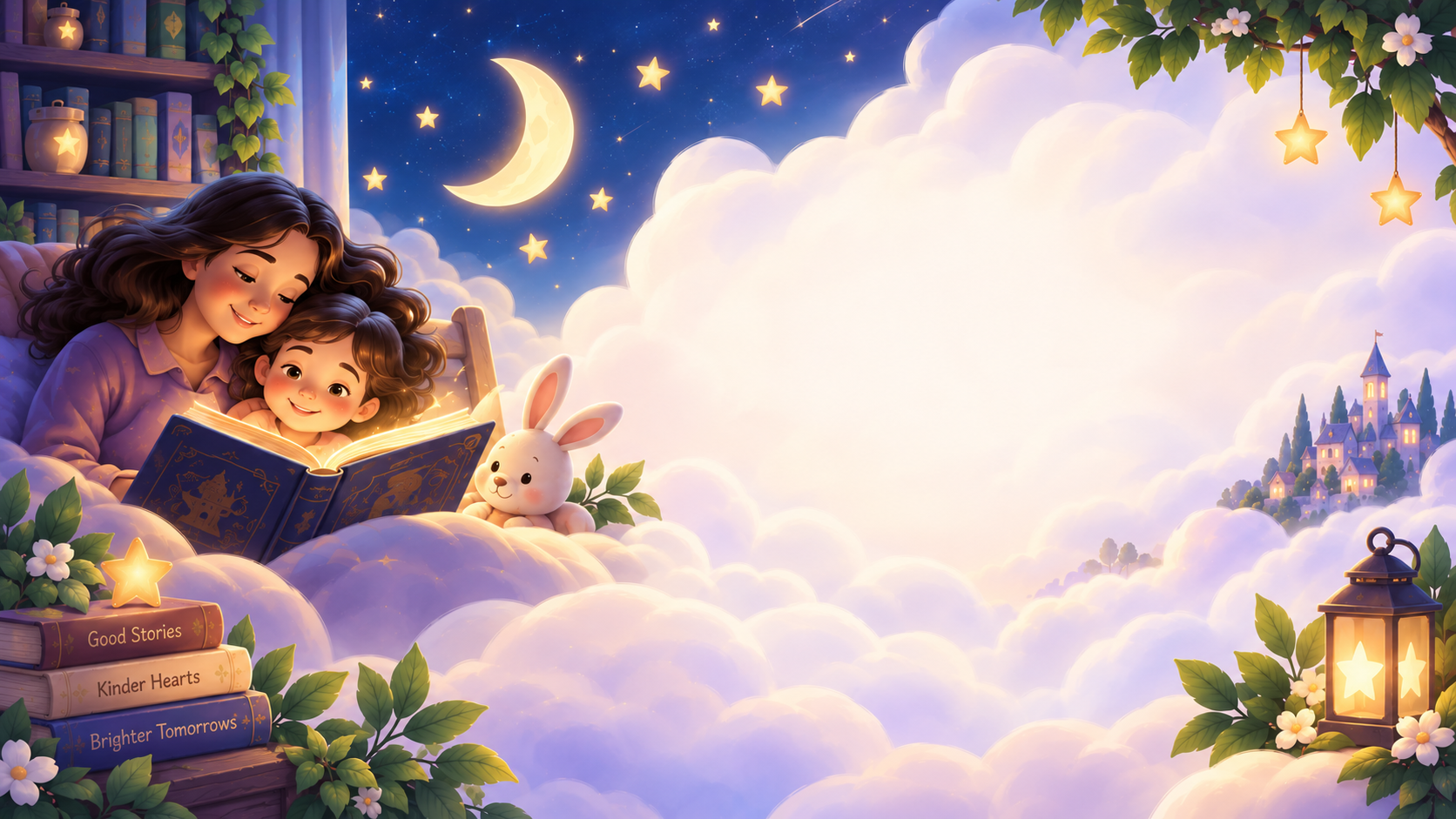 A mother and child reading a glowing storybook together at bedtime
